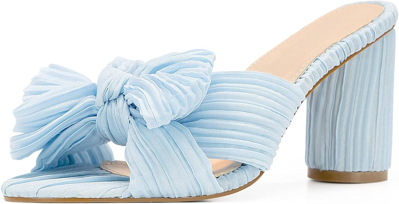 Women's Bow Knot Heeled Mules Chunky Block Bow Heels Square Toe Slip On Slide Bow Sandals for Wed... | Amazon (US)