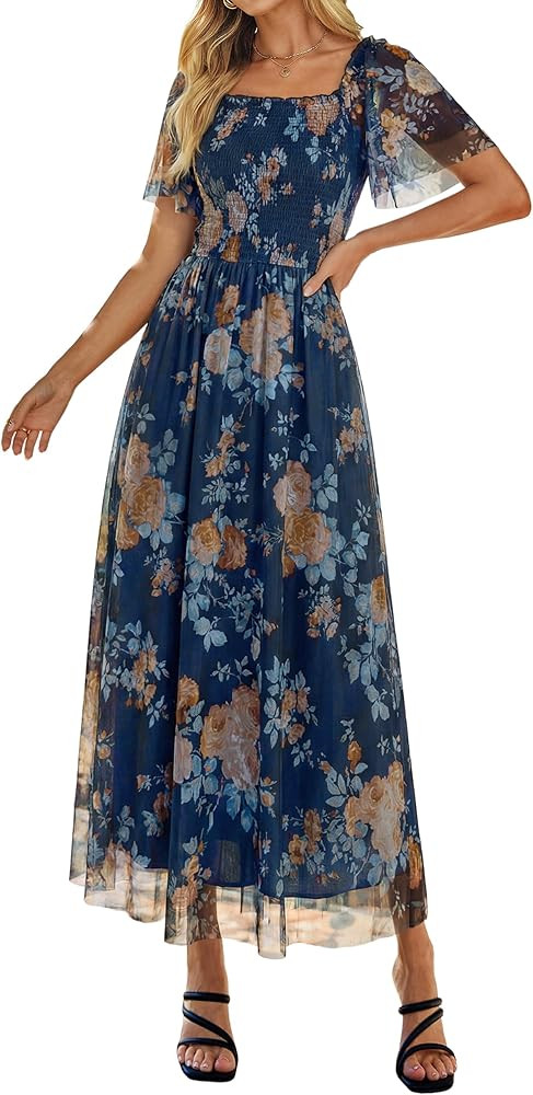 Simplee Womens Floral Maxi Dresses 2026 Spring Square Neck Mesh Short Sleeve Smocked Boho Flowy W... | Amazon (US)