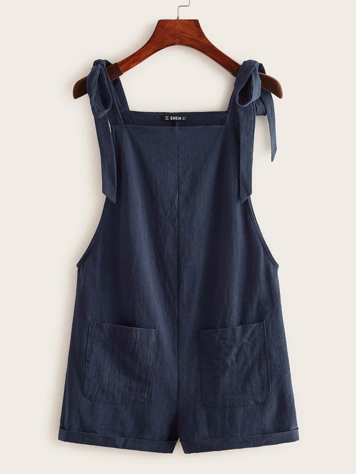 SHEIN EZwear Knot Strap Pocket Patched Pinafore Romper | SHEIN
