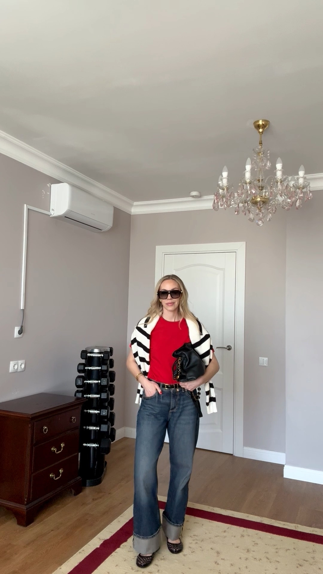 Casual spring outfit, red tee shirt, bright red, cuffed baggy jeans, jelly shoes

#LTKootd #LTKSeasonal #LTKOver40