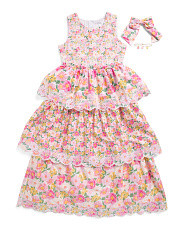 Girls Tiered Floral Dress With Matching Hair Bow And Necklace | Marshalls