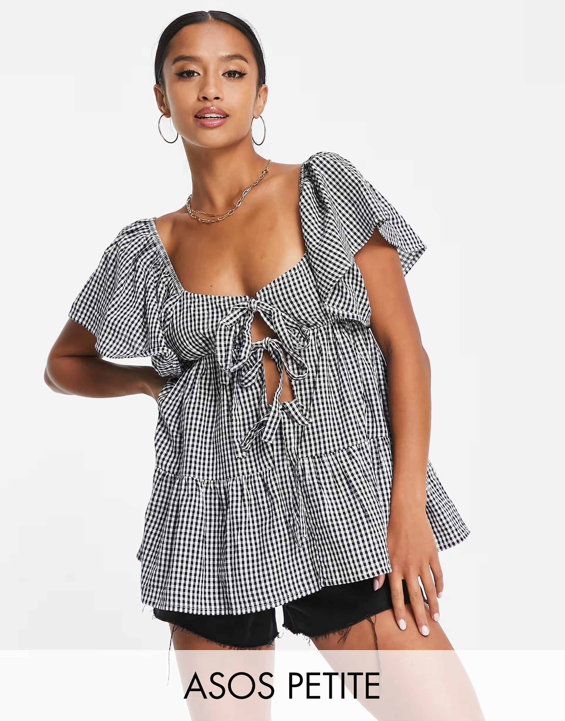 ASOS DESIGN Petite tiered seersucker gingham sun top in multi | ASOS (Global)