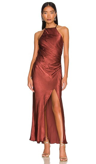 Thalia Gathered Square Neck Bias Midi Dress in Sangria | Revolve Clothing (Global)