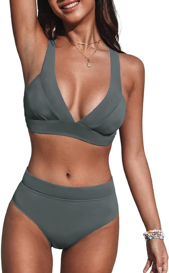 CUPSHE Bikini Set for Women Two Piece Swimsuits High Waisted Deep V Neck Back Hook Wide Straps | Amazon (US)
