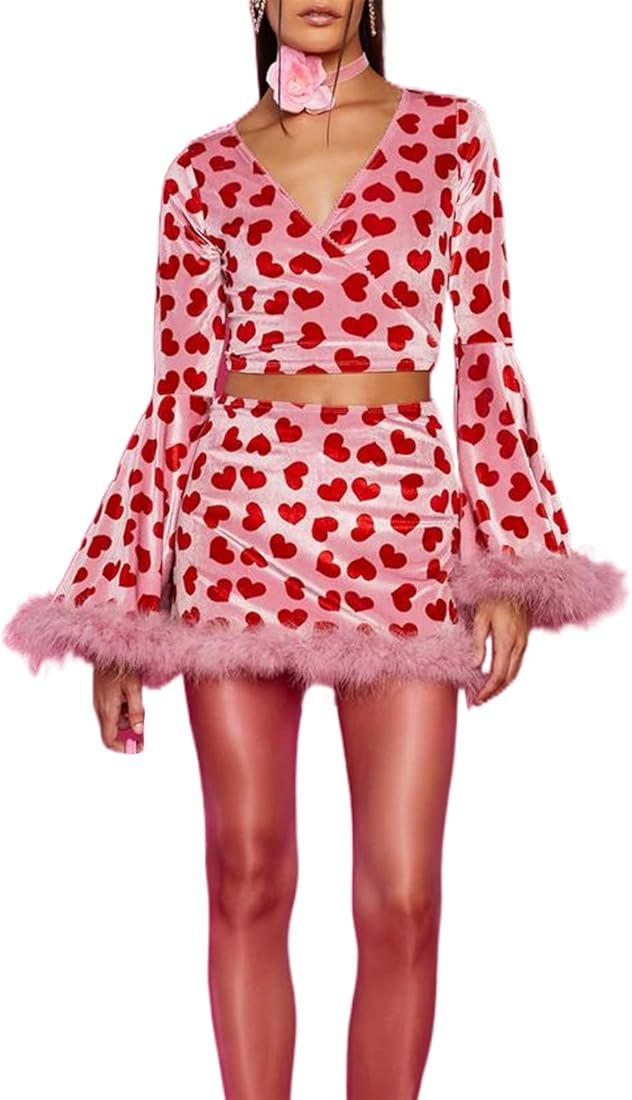Womens Y2K Velvet Skirt Set Heart Print Feather Trim Long Sleeve Crop Top+Mini Skirt 2 Piece Vale... | Amazon (US)