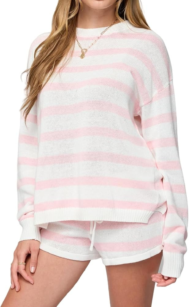 NUFIWI Women Striped Knit Sweater Set 2 Piece Outfit Oversized Long Sleeve Sweater and Shorts Mat... | Amazon (US)