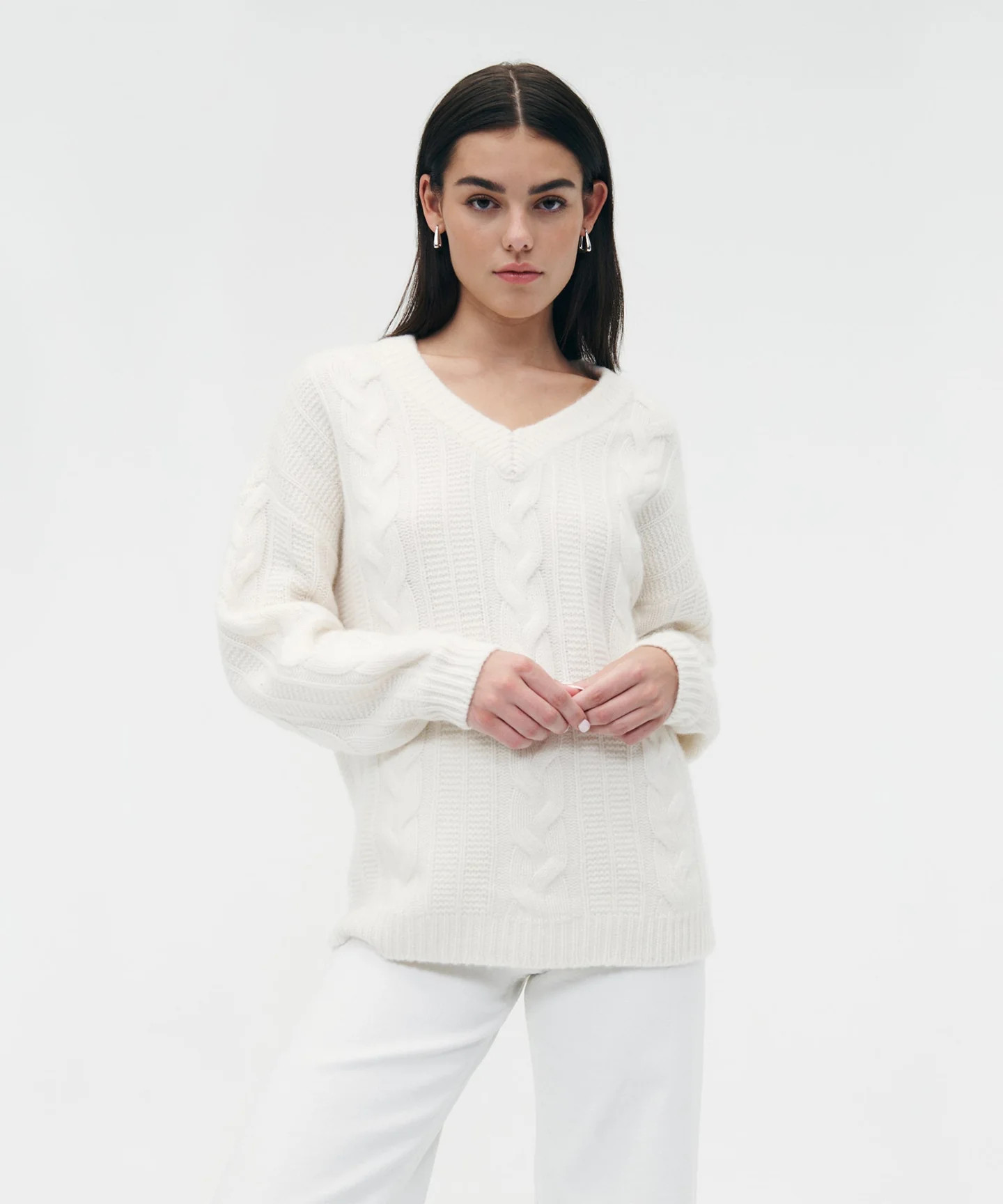 Merino Cashmere Cable V-Neck Sweater | NAADAM