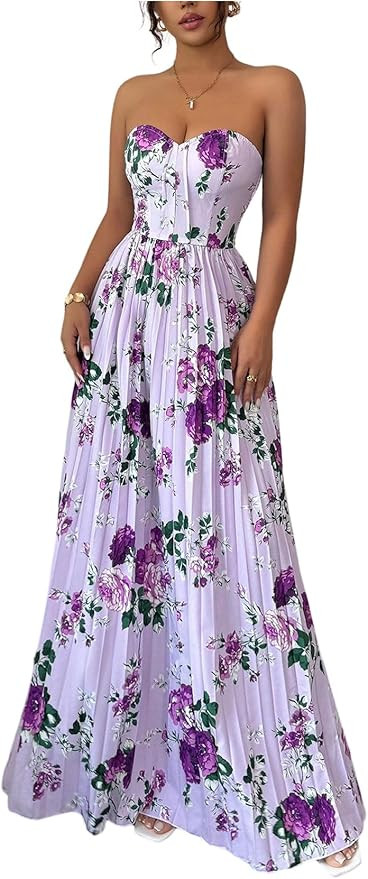 OYOANGLE Women's Summer Floral Wedding Guest Dress Jacquard Tube Sleeveless Pleated A Line Cockta... | Amazon (US)