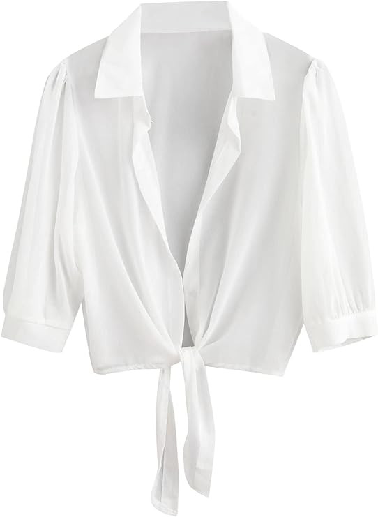 ZAFUL Women's Bikini Swimwear Cover Up Semi-Sheer V Neck Button Up Top Shirt Blouse Beachwear | Amazon (US)