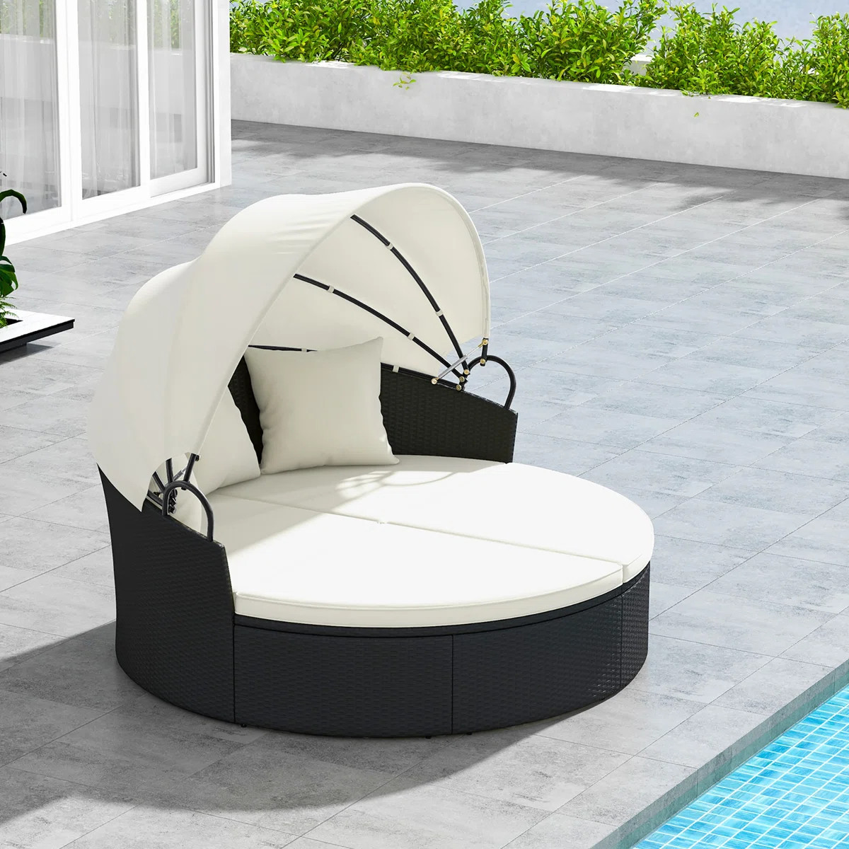 Patio Round Daybed Wicker Daybed w/ Retractable Canopy Separated Seating Sectional Sofa | Wayfair North America