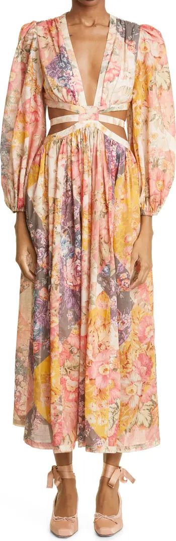 Floral Print Long Sleeve Cutout Cotton Maxi Dress | Nordstrom