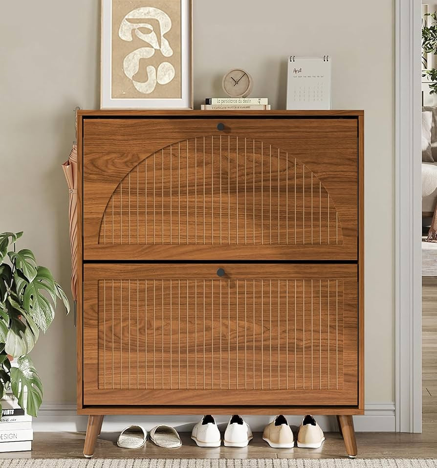 Shoe Storage Cabinet for Entryway with 2 Flip Drawers, Narrow Wood Shoe Cabinet with Fluted Panel... | Amazon (US)