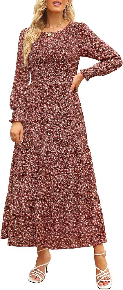 Annebouti Women's 2024 Spring Summer Casual Long Sleeve Maxi Dress Boho Floral Smocked A-Line Mod... | Amazon (US)