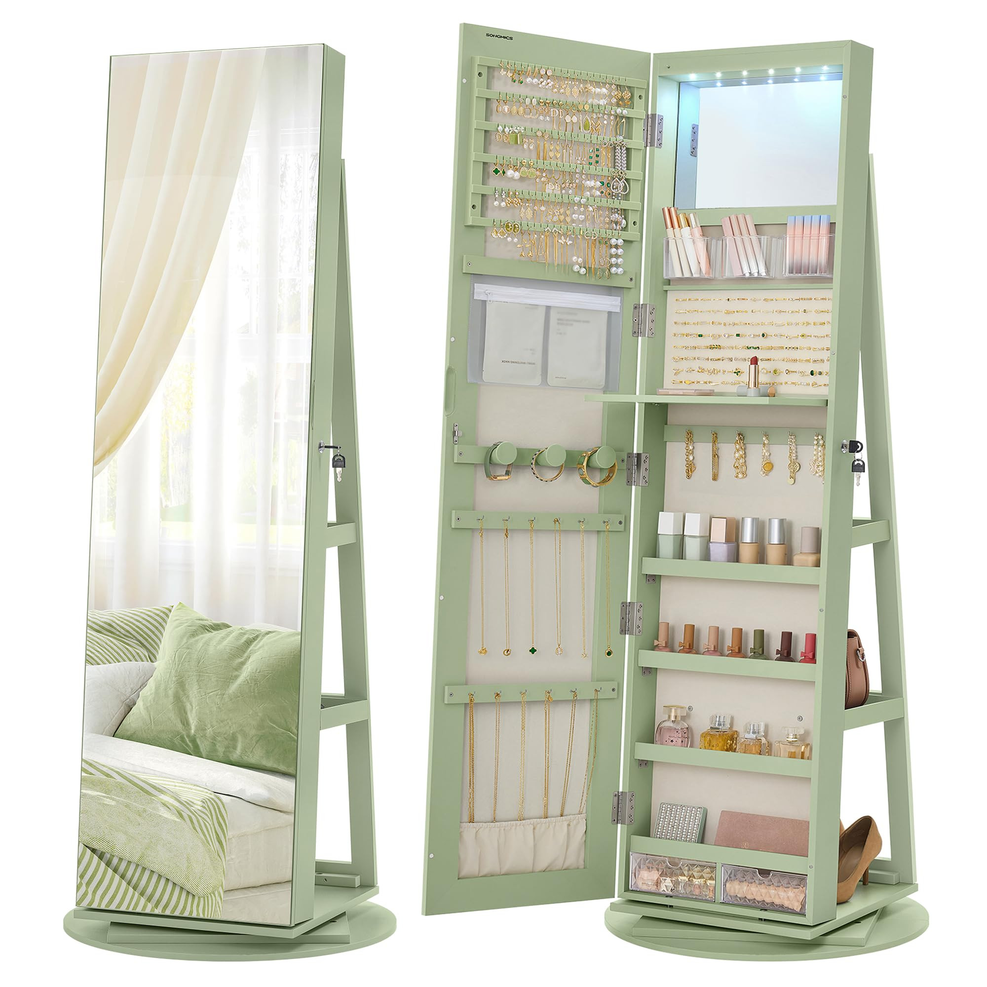 SONGMICS 6 LEDs Lockable Mirror Jewelry Cabinet, 360° Swivel Jewelry Organizer Armoire Standing,... | Amazon (US)