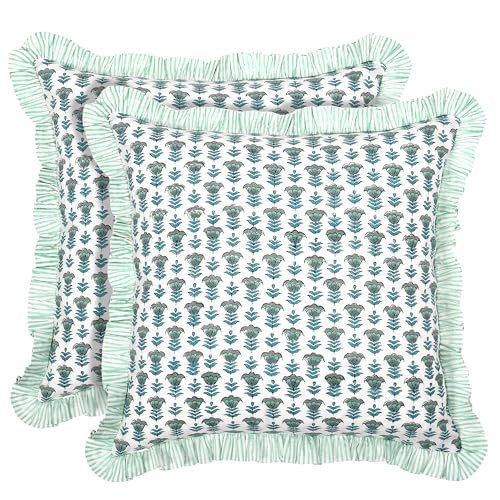 Ridhi Block Print Aquamarine Blue Throw Pillow Cover 16" x 16" (Pack of 2) Decorative Cushion Covers with Ruffle for Couch, Sofa, Bed, Living Room, Home Decor Gift for Spring, Easter, Valentine | Amazon (US)