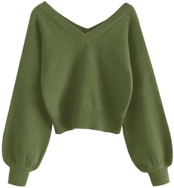 ZAFUL Women's Cropped Sweater V-Neck Long Sleeve Crop Sweater Pullover Jumper Knit Top | Amazon (US)