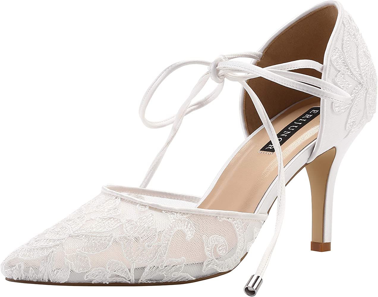 ERIJUNOR Ivory Lace Mesh Satin Bridal Wedding Shoes for Women Comfortable Mid Heel Tie Up Ankle S... | Amazon (US)