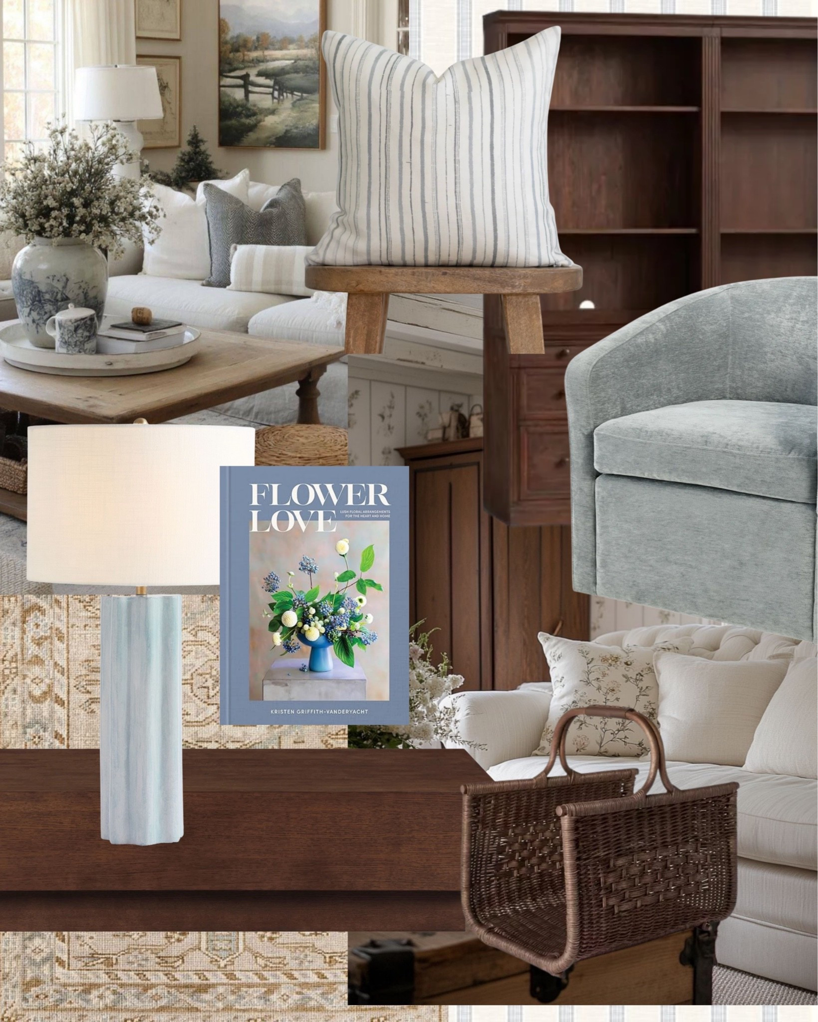 Layers of comfort for a warm, inviting living room, shown in full. A soft blue swivel chair, a striped pillow, a fluted glass lamp, and a woven basket tucked at the base of the built-ins, everything working together to make the room feel lived in rather than staged.

All linked here 🤍 #LTKhome