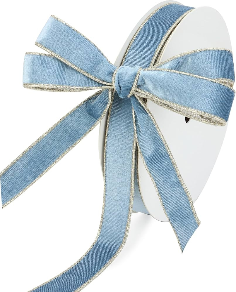 Dusty Blue Velvet Wired Ribbon 1 Inch Thin Two Tone Blue and Gold Velvet Christmas Ribbon for Tre... | Amazon (US)