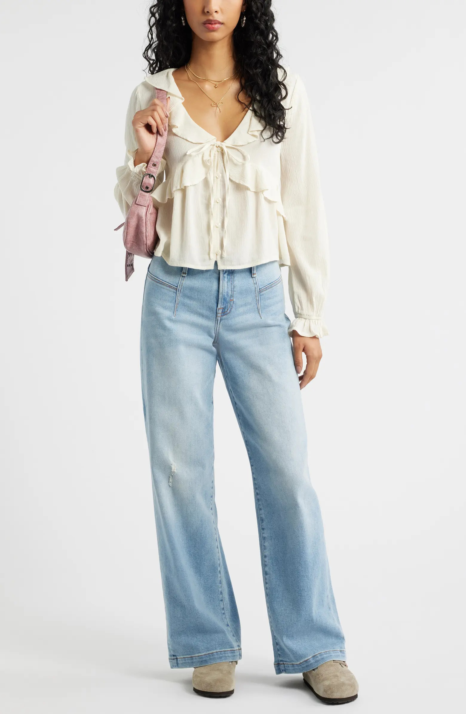 Ruffle Tie Neck Button-Up Shirt | Nordstrom