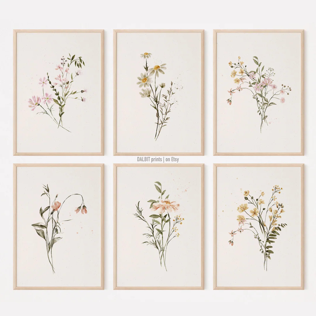 Watercolor Wildflower Wall Art, Wildflower Set of 6 Wall Art, Wild Flower Digital Prints, Botanic... | Etsy (US)