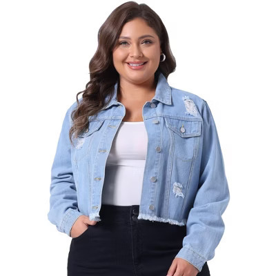 Agnes Orinda Women's Plus Size Washed Ripped Distressed Cropped Frayed Jean Jackets Blue 1X | Target