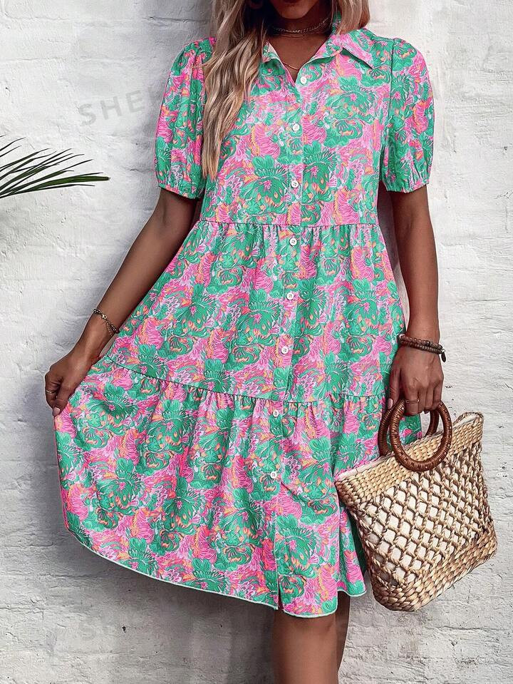 SHEIN LUNE Floral Printed Button Front Short Sleeve Shirtwaist Dresses With Ruffle Hem For Summer... | SHEIN
