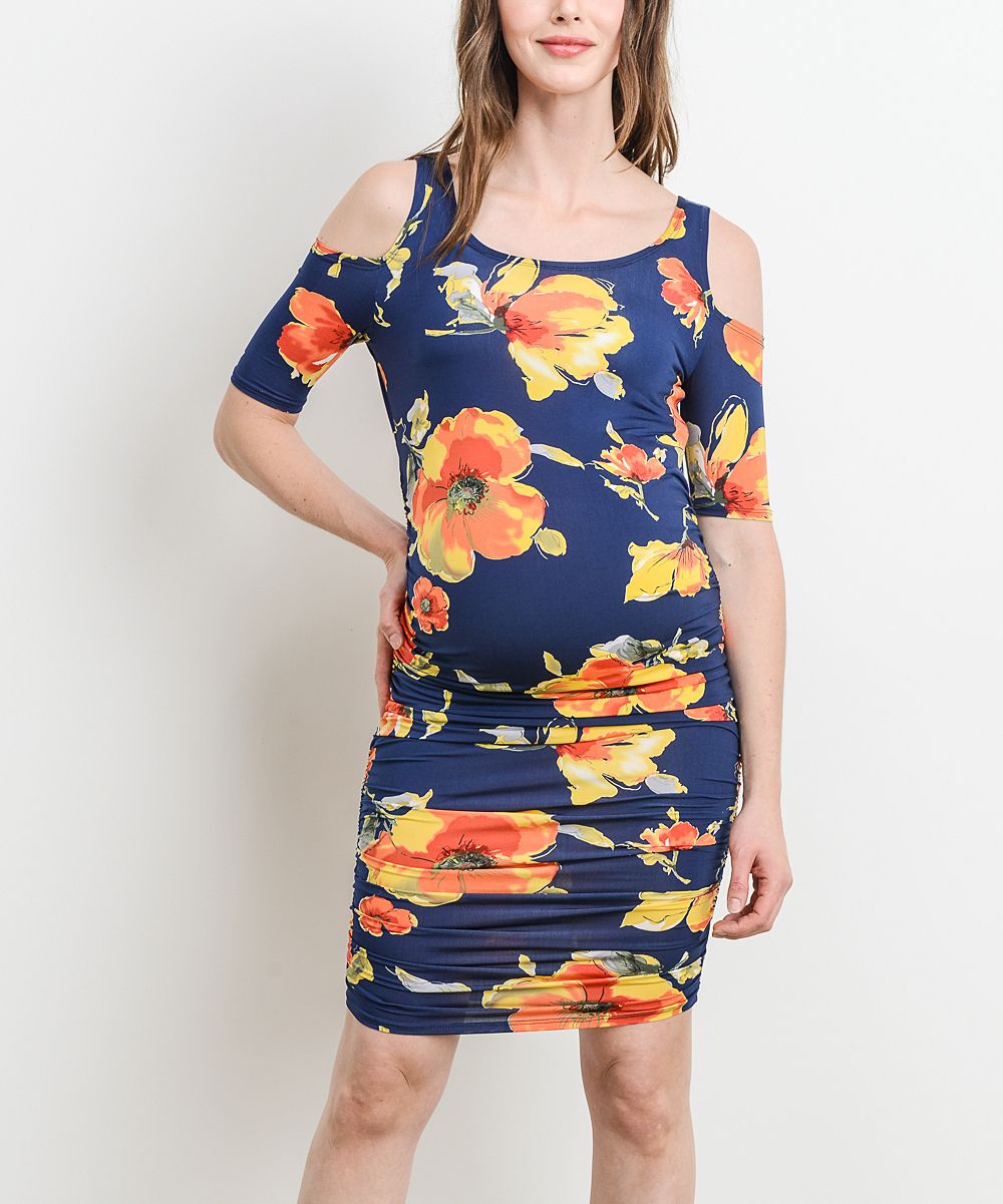 Navy Floral Shoulder-Cutout Maternity Dress | zulily