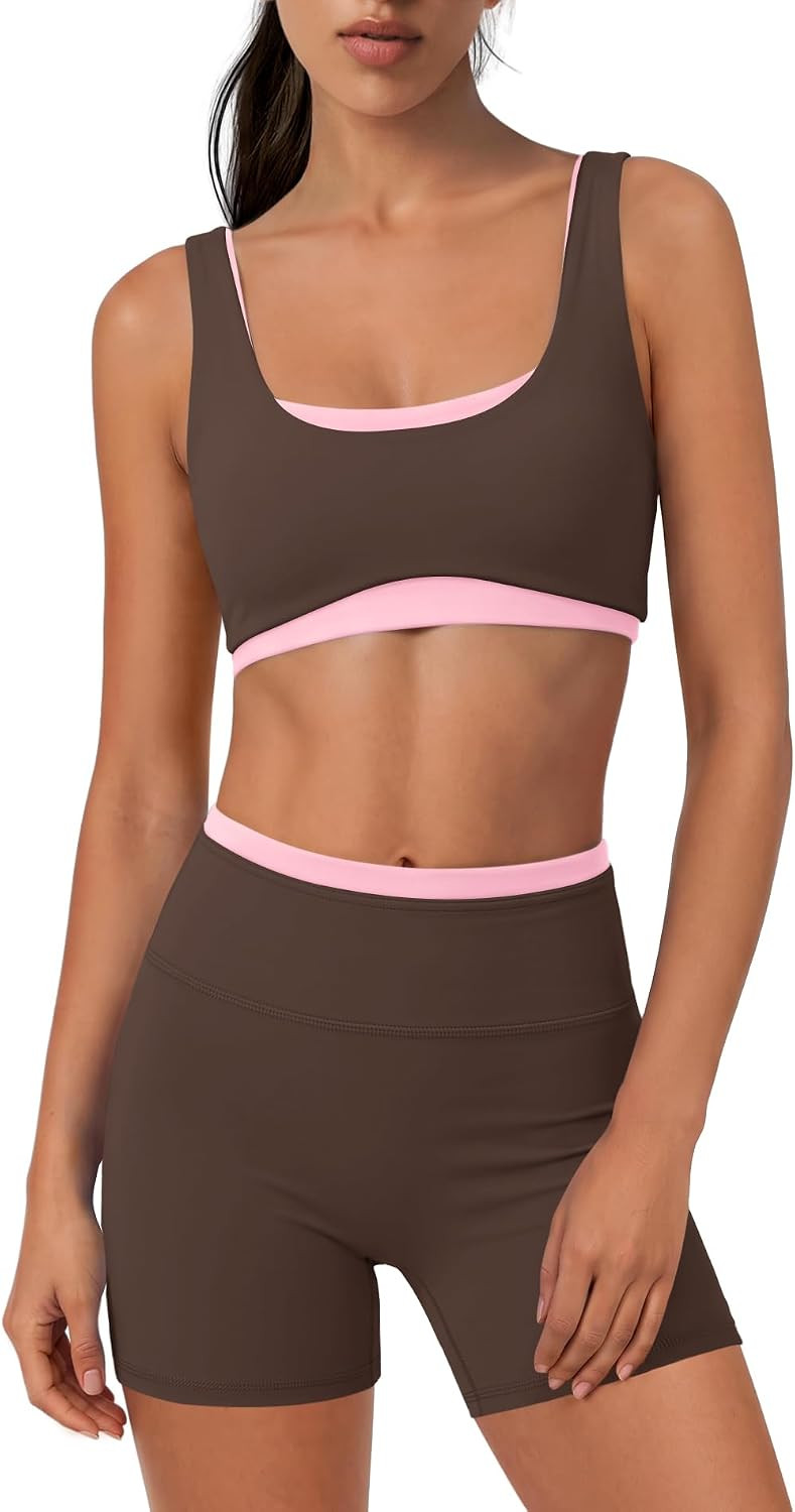 Yanekop Womens 2 Piece Layered Workout Set Sports Bras Yoga Biker Shorts | Amazon (US)