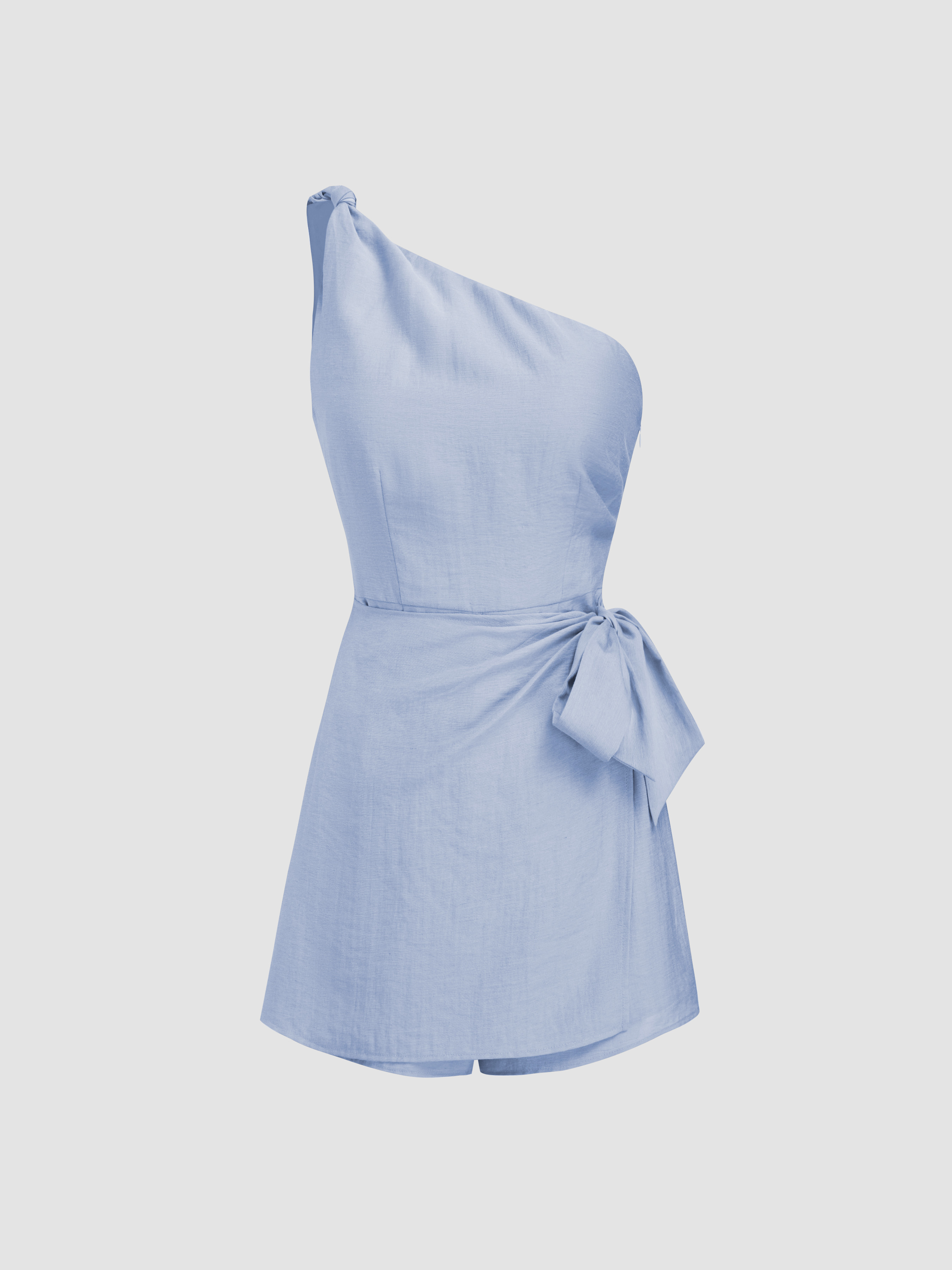 Linen-blend Linen-blend Asymmetrical Neck Bowknot Romper For Work | Cider