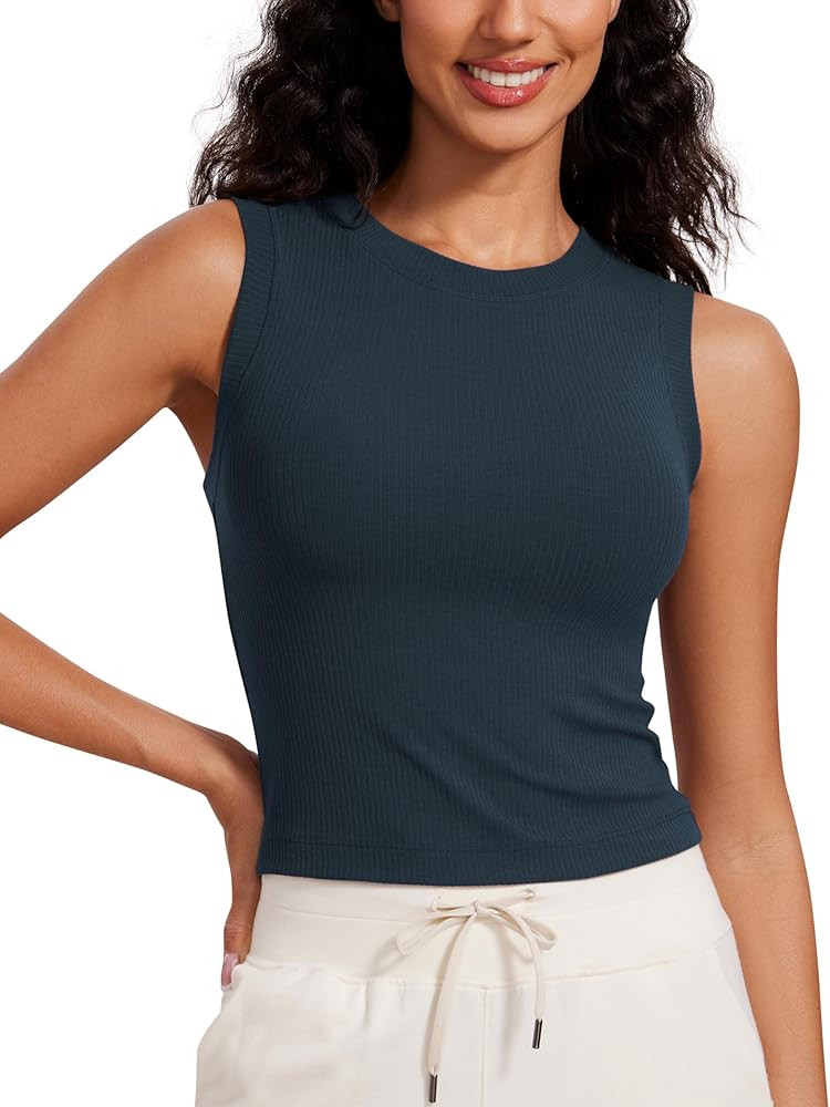 CRZ YOGA Womens Ribbed Tank Tops High Neck Yoga Workout Sleeveless Top Casual Going Out Fitted Ta... | Amazon (US)