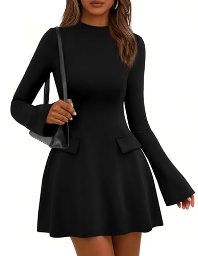 PRETTYGARDEN Women's Fall Mini Dress 2025 Long Bell Sleeve Mock Neck Bodycon Elegant Work Wedding Guest Party Short Dresses(Black,XX-Large) | Amazon (US)
