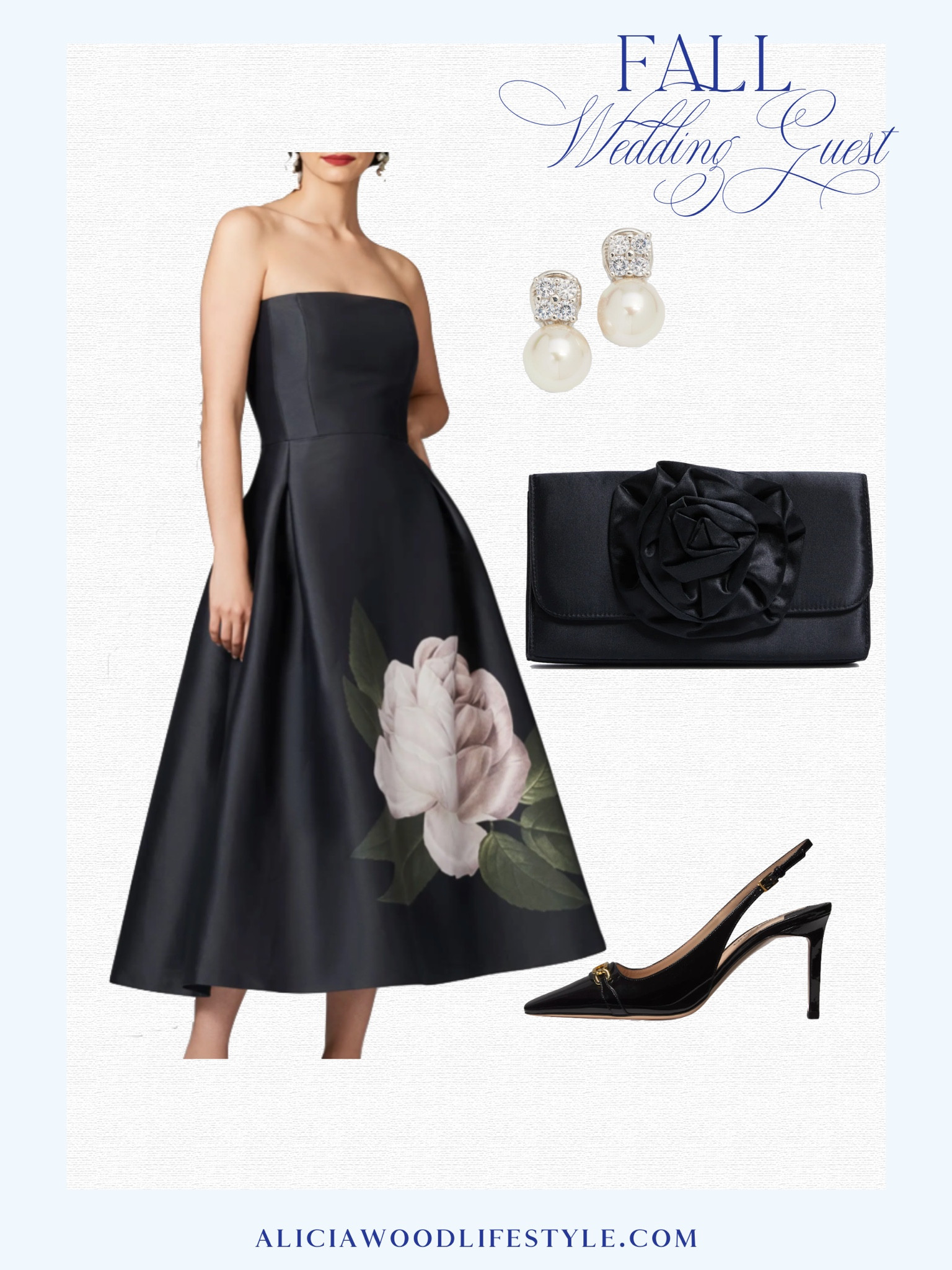 Wedding Guest
Fall Dress 
Strapless cocktail dress 
Black slingbacks
Black clutch
Diamond and Pearl drops earrings 

#LTKStyleTip #LTKSeasonal #LTKOver40