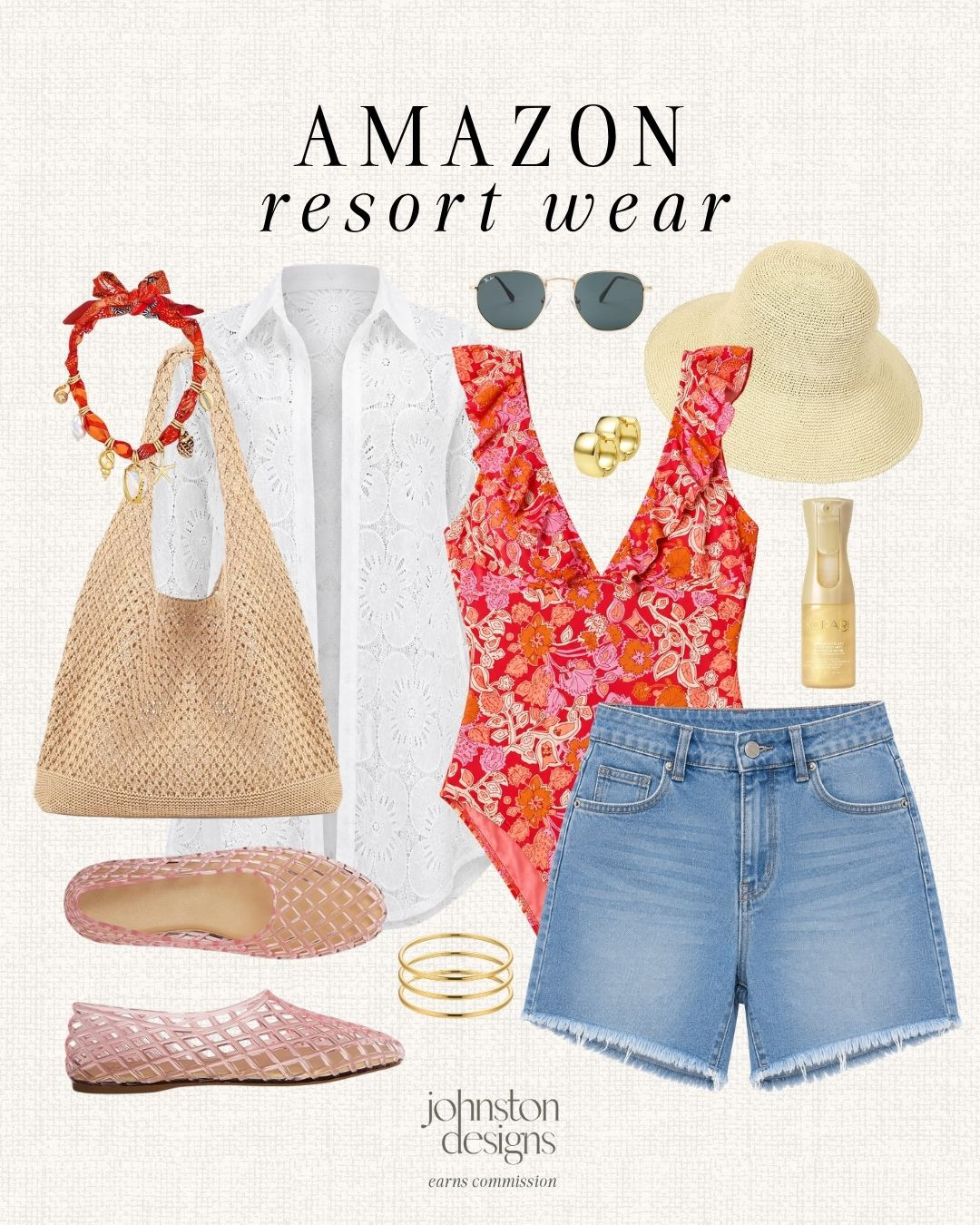 Amazon resort wear finds for beach days, tropical getaways and easy vacation outfit styling. 🌺

Amazon resort wear, tropical swimsuit outfit, denim shorts outfit, white eyelet cover up, pink jelly flats, crochet beach tote, straw sun hat, scarf necklace, gold bracelet stack, beach vacation outfit, poolside style, summer travel finds, colorful swim look, affordable Amazon fashion, resort style accessories 

 #LTKootd #LTKSeasonal #LTKSwim