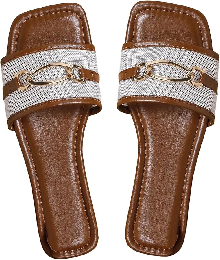 GORGLITTER Women's Flat Sandals Square Open Toe Slip On Slides with Metal Chain Sandals | Amazon (US)