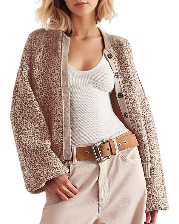 Women Slouchy Leopard Print Cardigan Sweaters Crew Neck Long Sleeve Button Down Knit Sweater Top ... | Amazon (US)