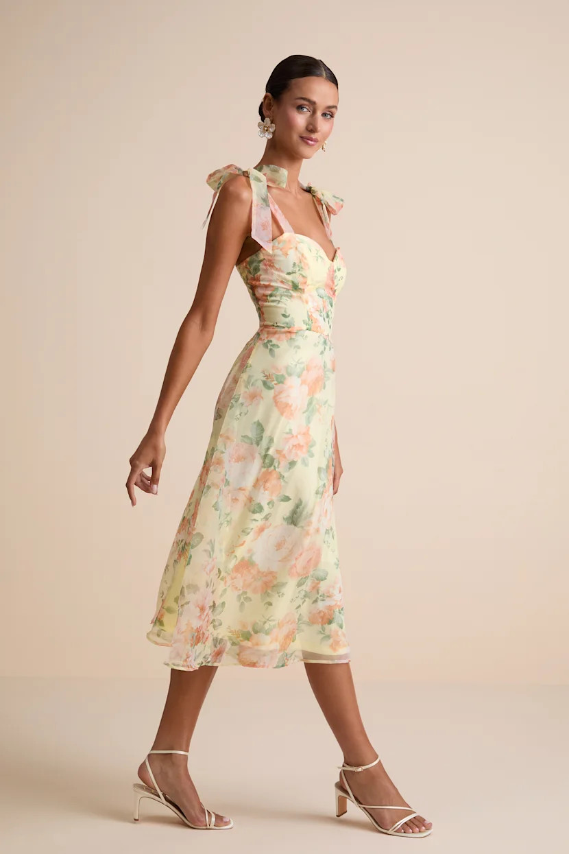 Olesya Light Yellow Floral Tie-Strap Midi Dress | Lulus