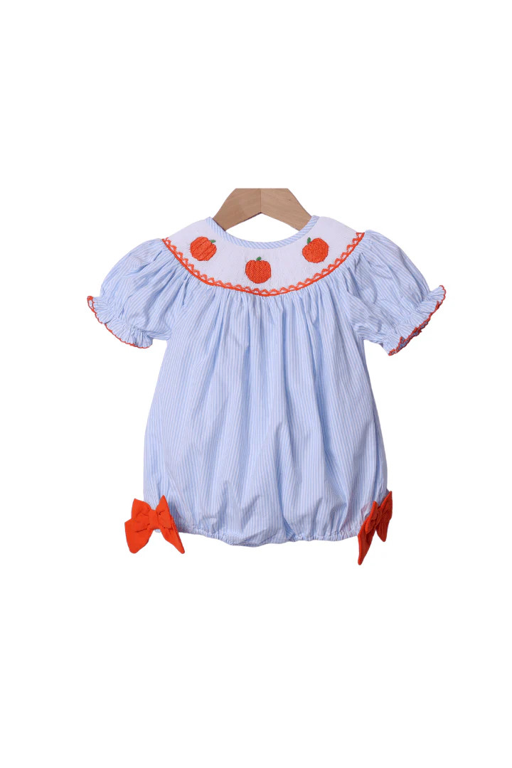 Smocked Pumpkin Blue Pinstripe Bishop Bubble | The Smocked Flamingo