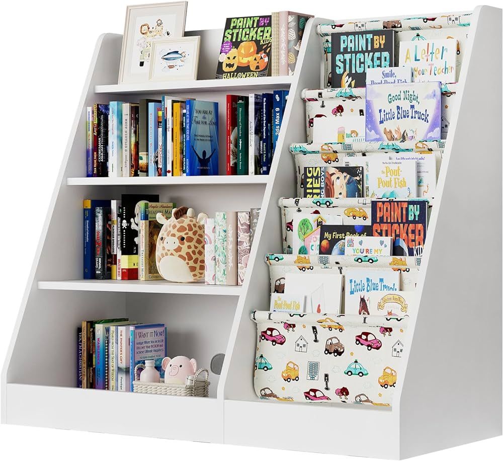 White 4 Tier Kids Wooden Bookshelf, Five Layer Sling Bookcase, Baby Storage Book Rack, Book and T... | Amazon (US)
