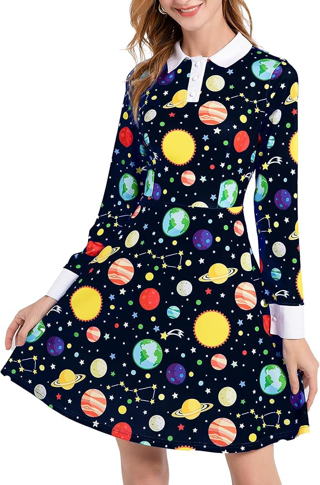 AXUIOKRY Womens Long Sleeve Peter Pan Collar Fit and Flare Above Knee Aline Halloween Dress | Amazon (US)