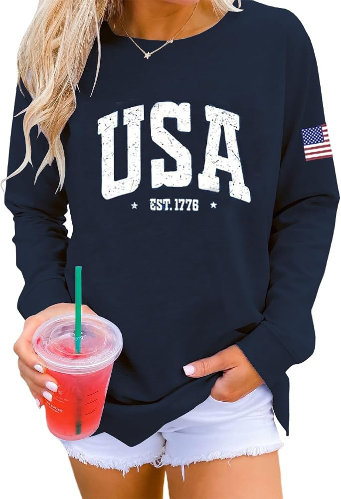 Dressmine Womens USA Shirt Casual Long Sleeve Graphic Tees Knit Crew Neck Sweatshirts Loose Pullo... | Amazon (US)