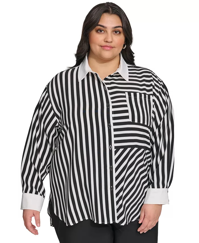 KARL LAGERFELD PARIS Women's Plus Size Striped Button-Front Shirt - Macy's | Macy's