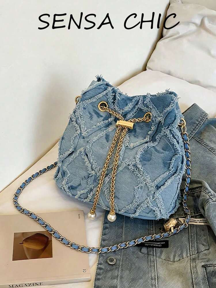 New Classic Versatile Solid Color Rhombus Pattern Drawstring Closure Metal Edge Shoulder Bucket B... | SHEIN