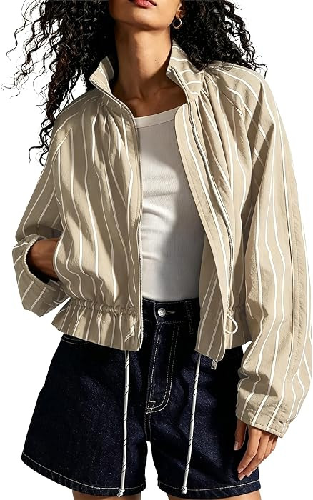 Women Striped Zip Shacket Lantern Sleeve Drawstring Waist Coat | Amazon (US)