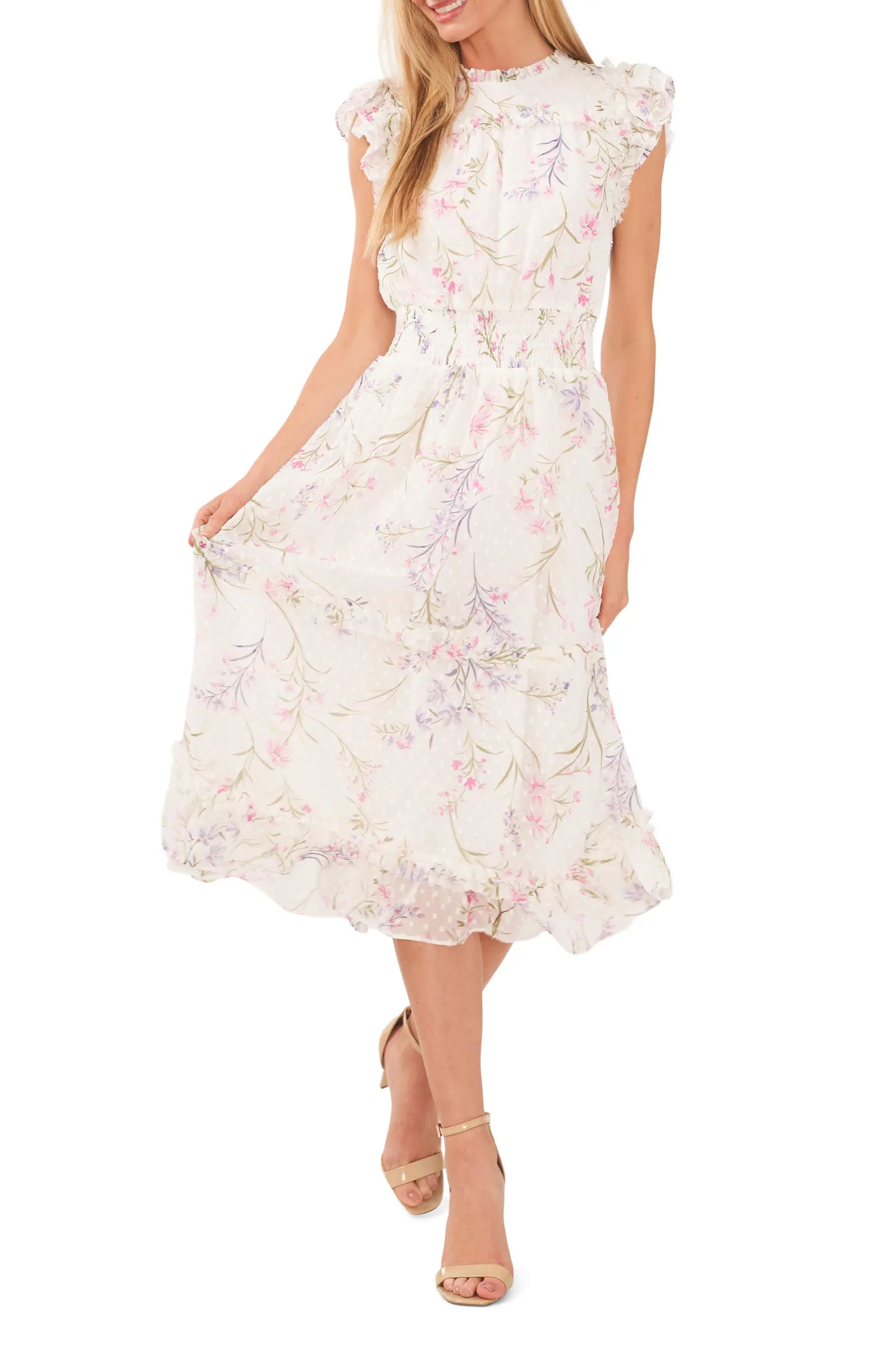 Floral Clip Dot Smocked Ruffle Midi Dress | Nordstrom