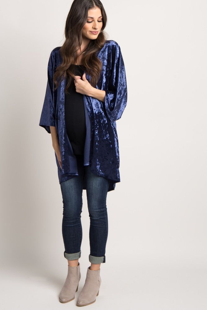 Navy Blue Velvet Long Sleeve Maternity Kimono | PinkBlush Maternity