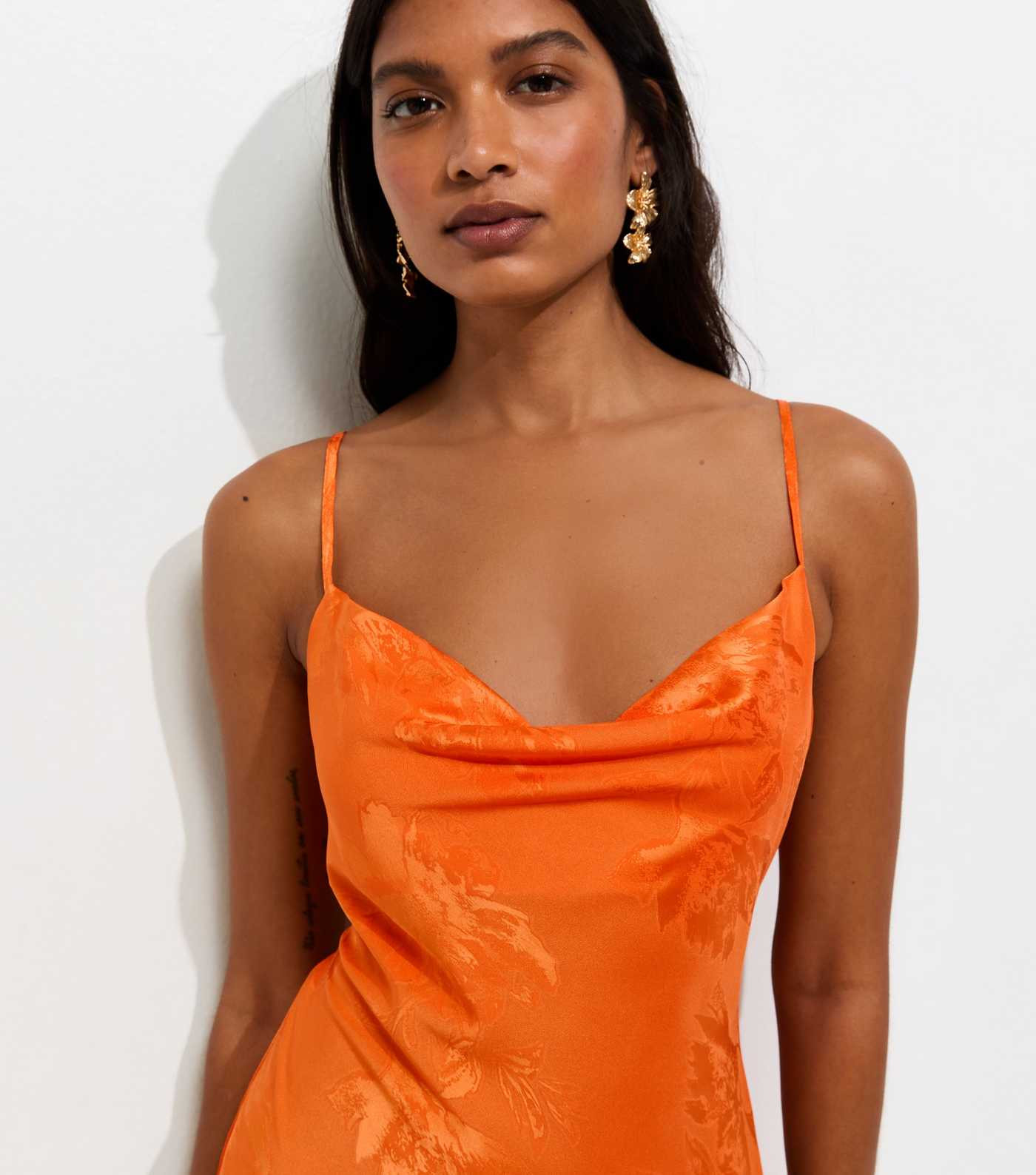 Bright Orange Floral Jacquard Cowl Neck Strappy Midi Dress | New Look | New Look (UK)