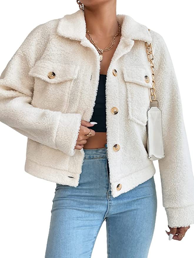 MakeMeChic Women's Sherpa Jacket Fuzzy Fleece Button Down Teddy Jacket Coat | Amazon (US)