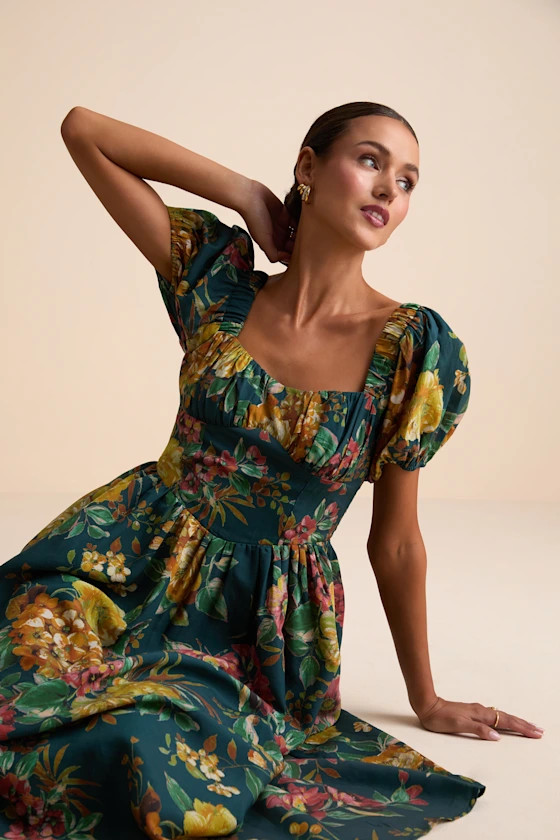 Adorable Tendencies Dark Teal Floral Puff Sleeve Midi Dress | Lulus