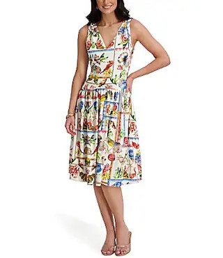 Kensie Postcard Print V-Neck Sleeveless Midi Dress - 8 | Dillard's